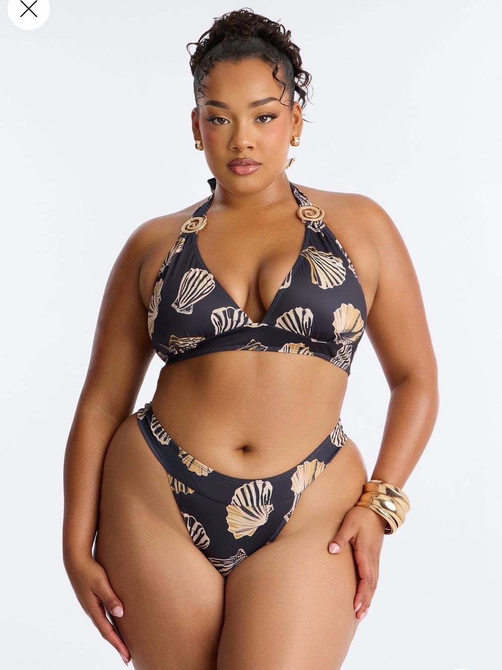 Brand New Black/Gold Shell Print Halter Bikini Matching Set